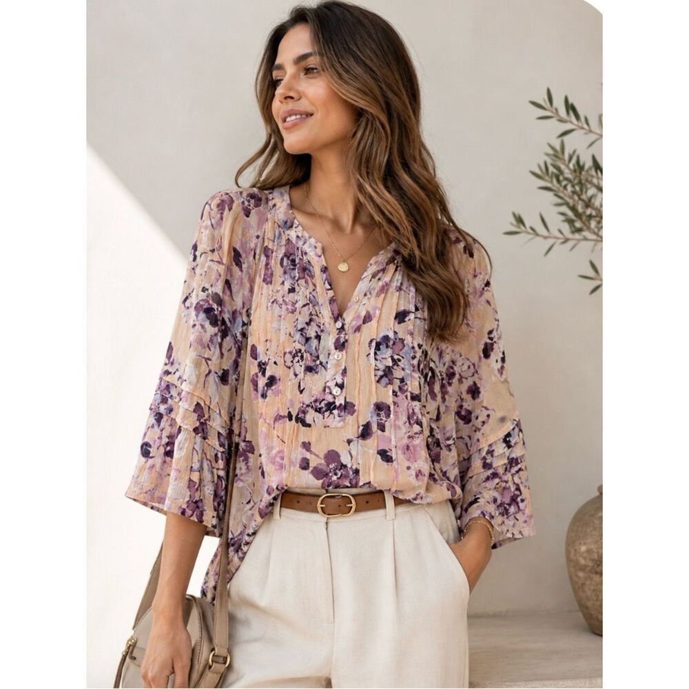 J. Jill Floral Peasant Blouse M Petite Boho Ruffle Sleeve Lightweight Top - Picture 1 of 9
